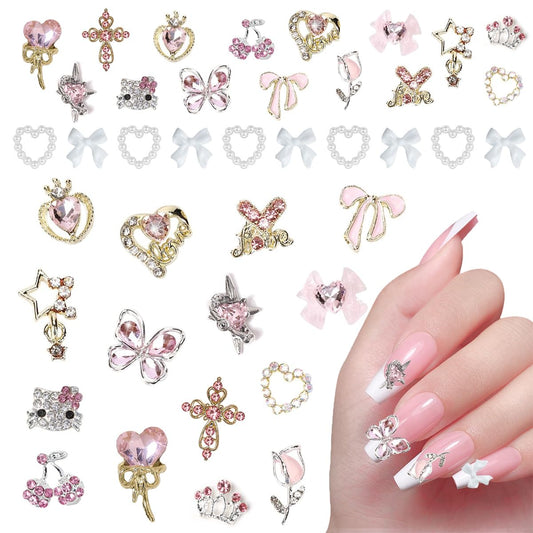 40PCS Nail Charms Y2k Pink Gold Nail Art Rhinestone Charms 3D Heart Star Bow Cherry Nail Gems for Acrylic Nail Accessories for Women Girl Manicure DlY Crafts Supplies
