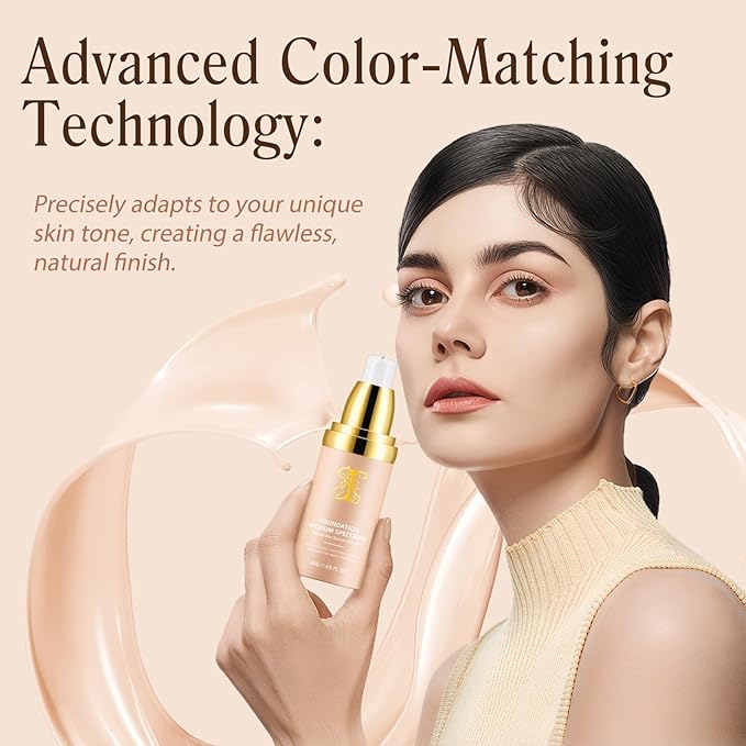 Colour Changing Foundation Liquid 4 in 1, Foundation for Older Women, Hydrating Longwearing & Waterproof Concealer, SPF 50+ Makeup Base Nude Face, Medium Spectrum for all Skin