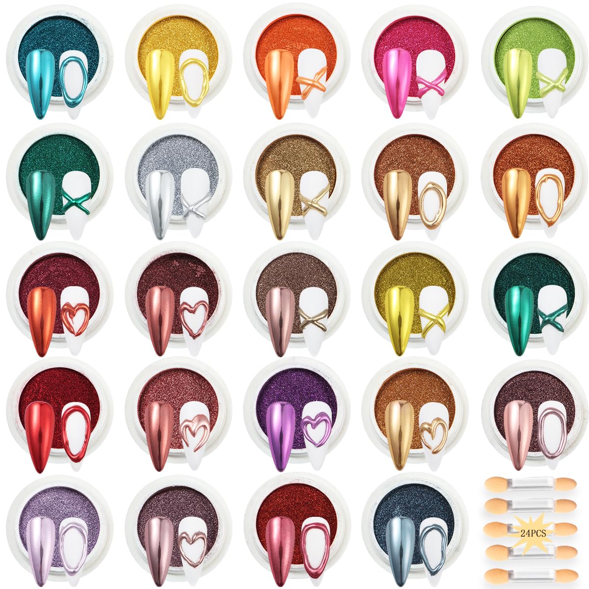 24Pcs Chrome Nail Powder Set - Metallic Mirror Effect Holographic Iridescent Aurora Mermaid Nail Powder Pigment Silver Red Green Gold Nail Chrome Powder for Nails Art Decoration(24 Eye Shadow Sticks)