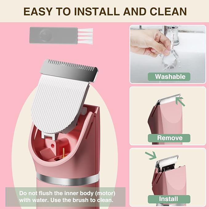 Bikini Trimmer for Women,Electric Razors Shaver for Bikini Legs Pubic Hair,Rechargeable Ladies Bikini Hair Trimmer Removal with Snap-in Ceramic Blades IP7X Washable Head,Wet and Dry Use,Pink