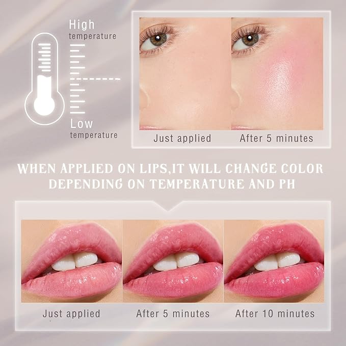 2PCS Color Changing Blush Stick for Cheeks Makeup,Clear Blush PH Temperature Change Magic Pink Cream Blusher Waterproof Multi-Use Lips and Face Tint,Matte Finish Natural Lightweight Jelly