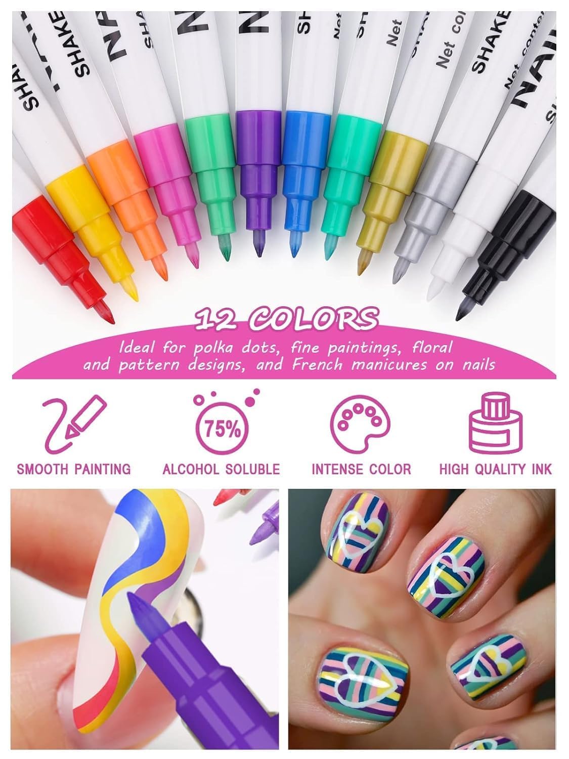 EBANKU 12 Colors Nail Art Pens Set, 3D Nail Polish Pens Acrylic Paint Pens Nail Markers for Nail Art Drawing Painting Manicure Tools Nail Design Kit Home Nail Salon DIY, 0.7MM