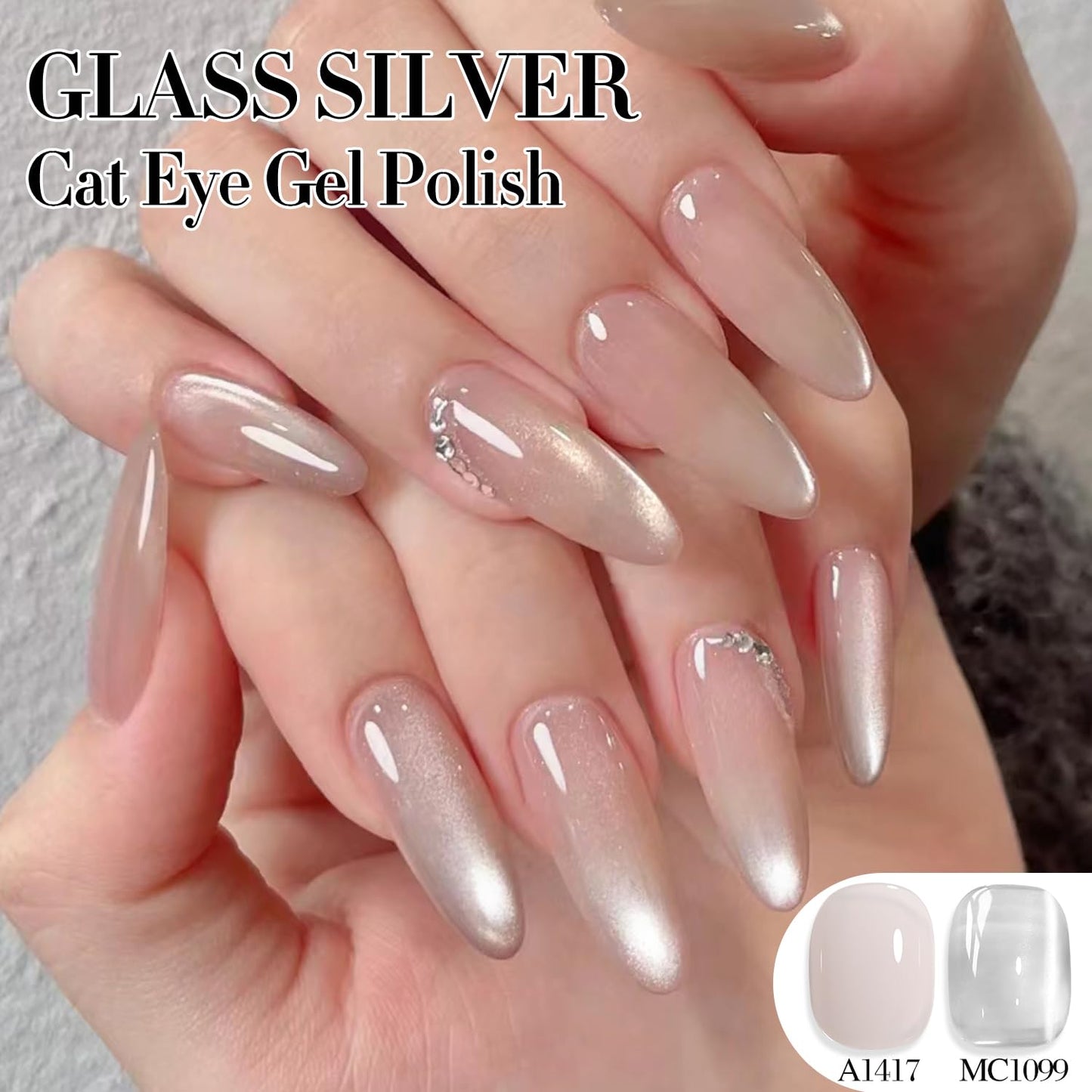 Double Rhythm 0.5 OZ Cat Eye Gel Polish with Magnet 15ML Holographic Glitter Shimmer Translucent Jelly Color Magnetic Nail Polish Salon DIY at Home (Clear Silver-B-MC1099)