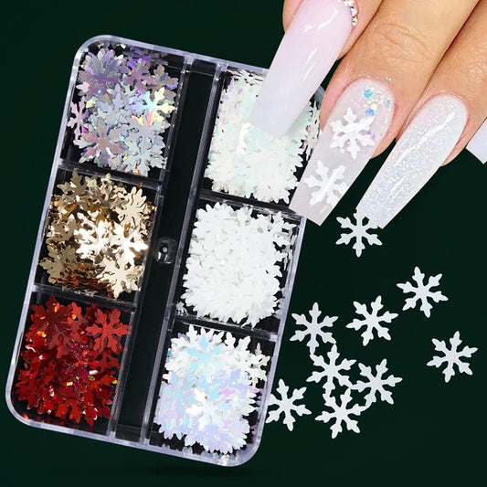 6 Grids Snowflake Nail Art Stickers Decals 3D Glitter Sequins Holographic Laser White Gold Silver Christmas Nail Art Flakes Winter Xmas Snow Glitter
