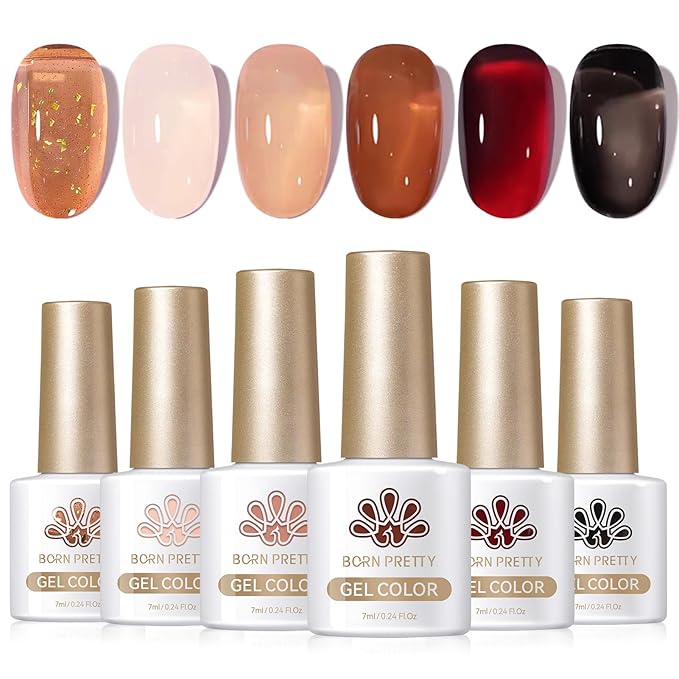 Born Pretty Jelly Gel Nail Polish Set Fall Winter Brown Blood Red Burgundy Black Gel Polish Sheer Milky Nude Transparent Halloween Gel Polish Set Nail Art Varnish Manicure Collection Gift 7ML 6PCS