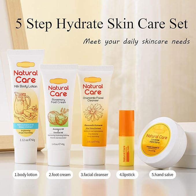 facial skin care set - facial gift sets for women - mini skincare products - body lotion, foot cream, cleanser, lip balm, hand salve