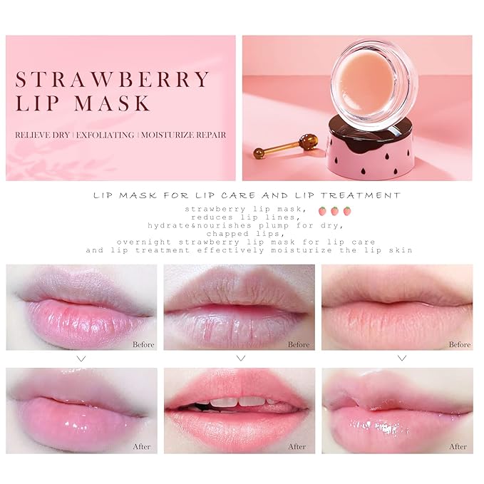 Strawberry Sleeping Lip Mask,Honey Balm Strawberry Lip Balm Honey Pot,Overnight Strawberry Lip Mask for Lip Care Product Moisturize Lip Skin,Plumping Lip and Hydrate Lips 1PC