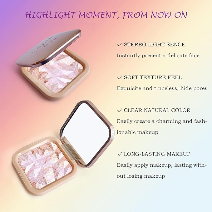 Highlighter Makeup Palette Shimmer Contour Palette Powder for Brighten Face Contour Gold Cheek Highlight Makeup, Long Lasting Highlighter Powder with Mirror for Illuminator Makeup (PINK GOLD)