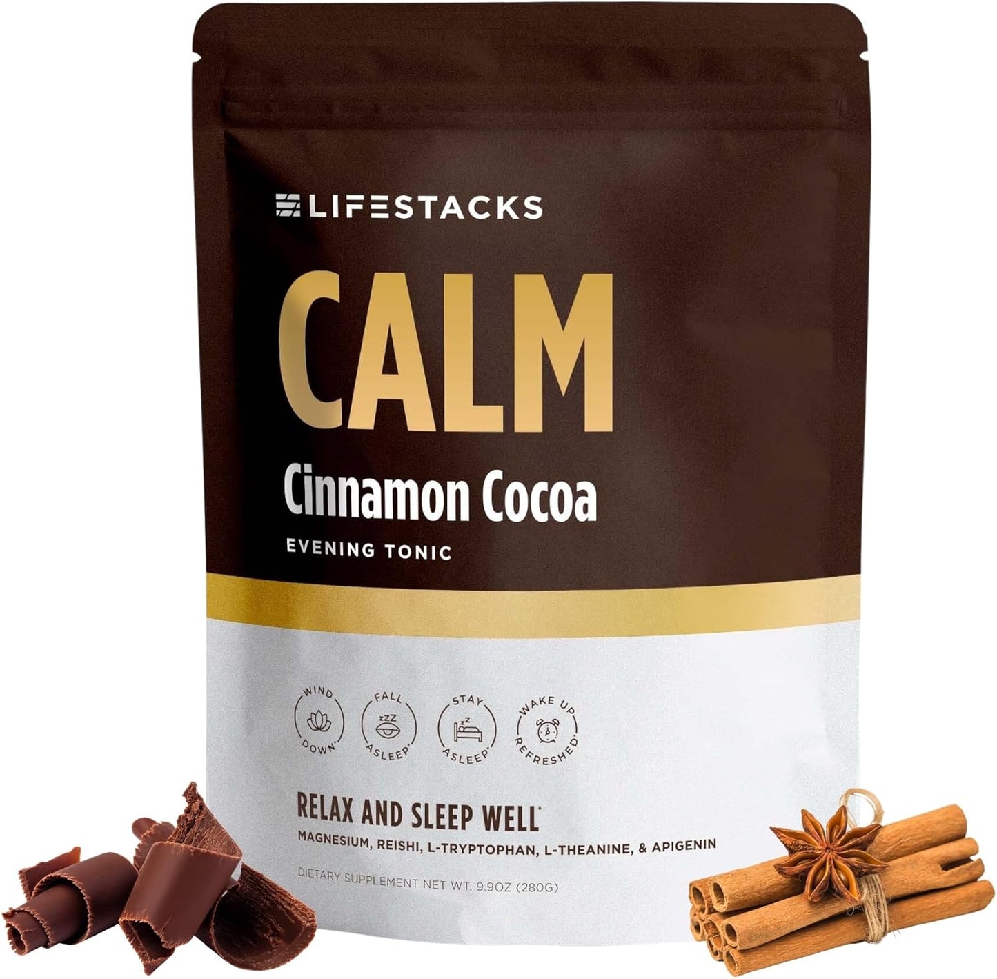 Calm Evening Tonic Sleep Powder - Cinnamon‑Cocoa Nighttime Superfood Drink Mix - Magnesium, L‑Theanine, Reishi Mushroom & L‑Tryptophan for Deep Sleep & Recovery, No Grogginess - 20 Servings