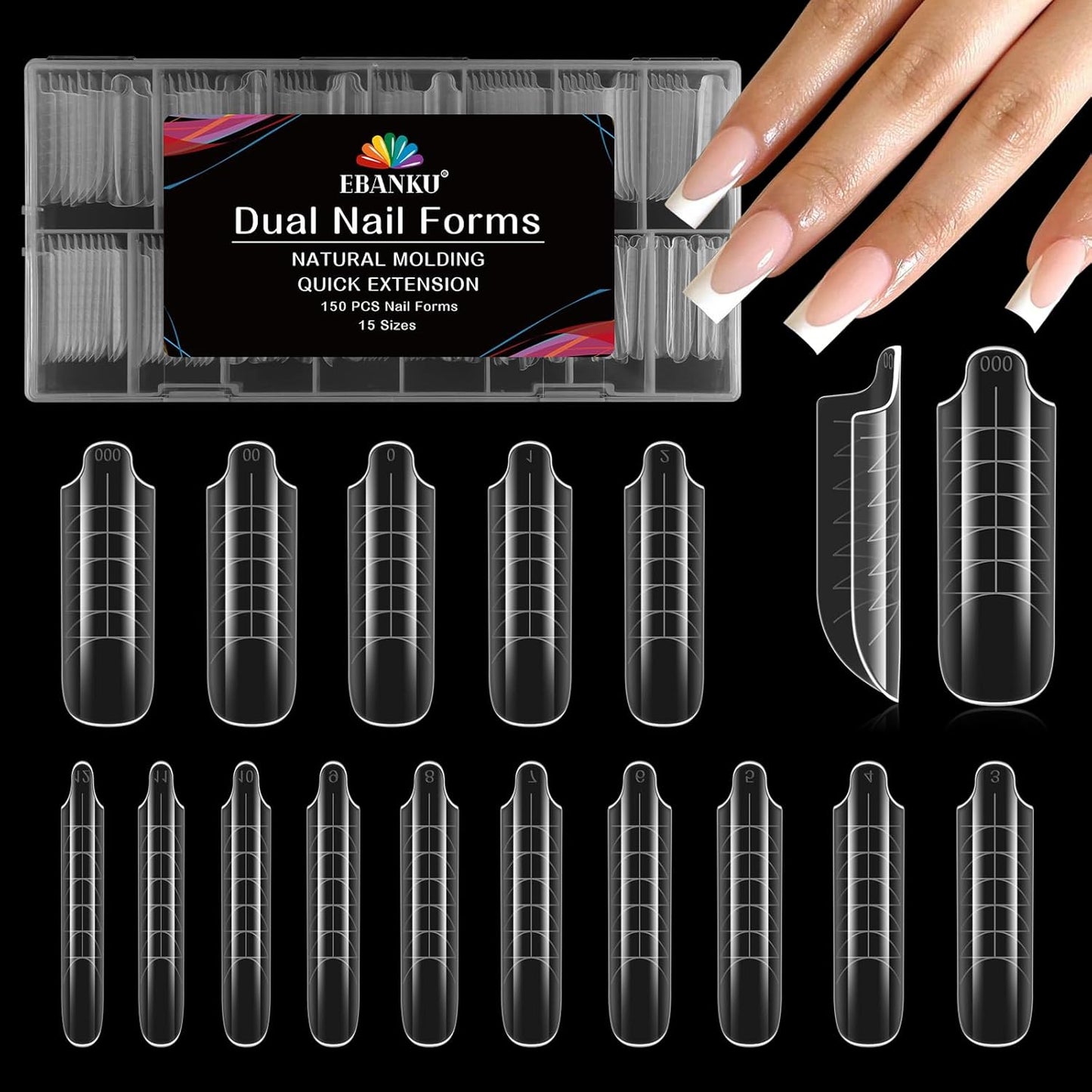 EBANKU Dual Nail Forms for Poly Extension Gel, 150 PCS Clear Square Nail Molds Reusable 15 Sizes Nail Extension Forms for Builder Gel Manicure Design Salon DIY