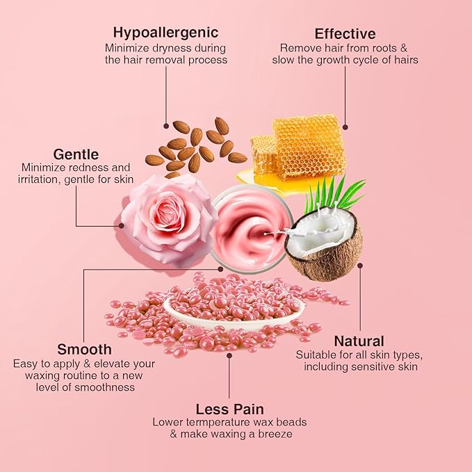 Hard Wax for Hair Removal, Rose Pink Wax Beads for Sensitive Skin and Brazilian Waxing, 10.5 Ounce/bag with 10pcs Wax Sticks