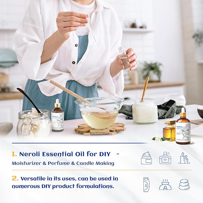 HIQILI Neroli Essential Oil 3.38 Fl Oz, Pure Natural Neroli Oil for Skin, Diffuser, Includes 10ML Travel Bottle - 100ML