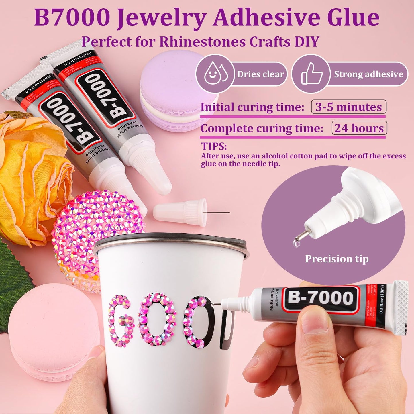 Resin Jelly Rhinestones for Crafting with B7000 Jewelry Glue, 2 Boxes Hot Pink AB Flatback Crystals with 3Pcs 10ml Glue, Bedazzling Non Hotfix Gems for DIY Tumblers Clothing Shoes Manicure