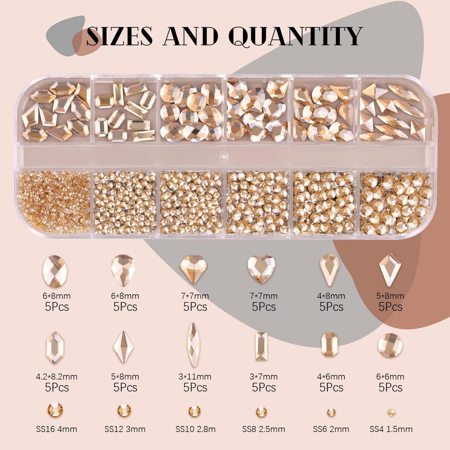 2060Pcs Champagne Gold Glass Nail Rhinestones 60Pcs Multi Shapes Flatback Nail Gems +2000Pcs 1.5-4mm Round Crystal with Rhinestones Glue Gel, Manicure Nail Charms Diamond Gemstones for Nail Art