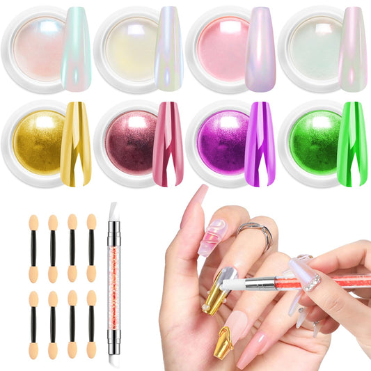 Gold Chrome Nail Powder BISHENGYF -【Fairy Effect】Pink Chrome Nail Powder White Pearl Aurora Mermaid Iridescent Rose Gold Red Nail Chrome Powder Metallic Mirror Glitter Pigment Dust for Nail Art DIY