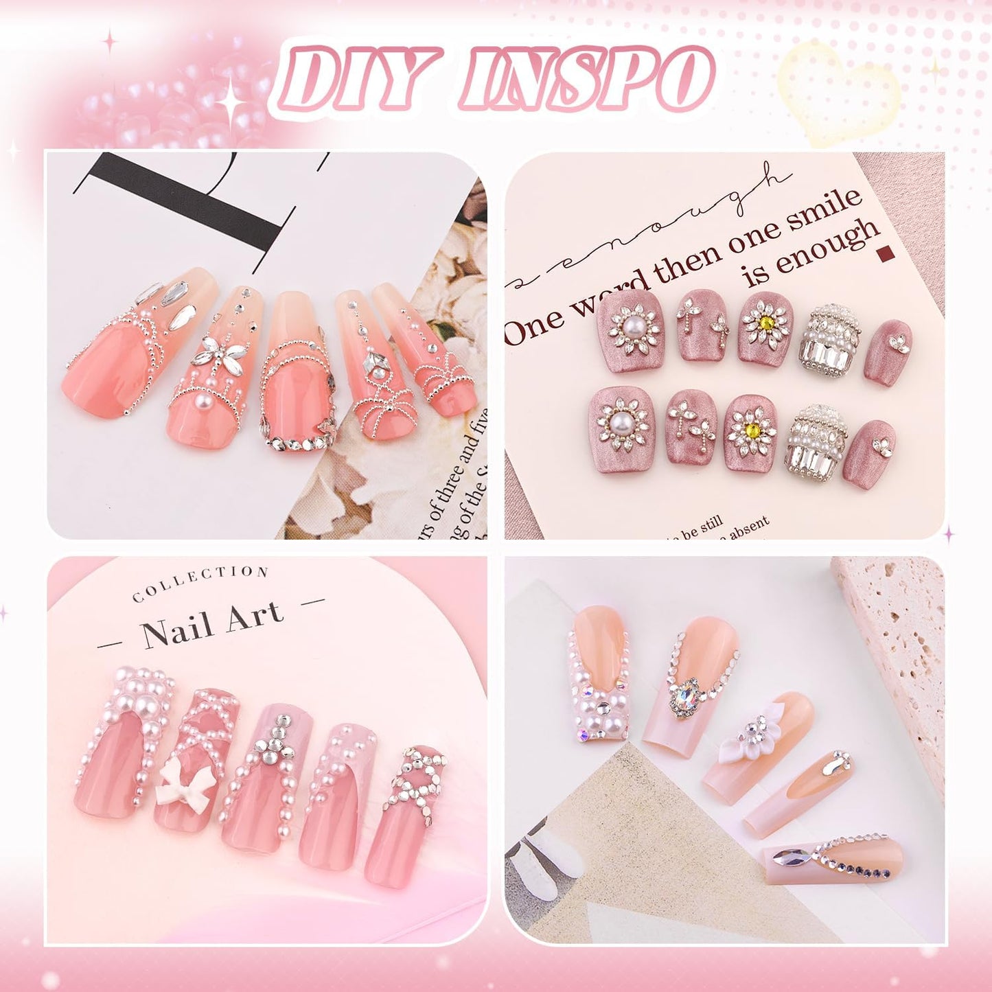 Flatback Pearls (White) and Metal Nail Beads and Glass Rhinestones with Rhinestones Glue Gel for Nail Art, Pearl Nail Charms and Round Caviar Beads Multi Shapes Crystals Gems for Manicure Decor