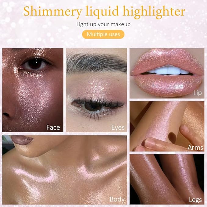 evpct Rose Gold Stardust Liquid Face Highlighter Makeup Waterproof Long Lasting Halographic Pink Glitter Shimmer Body Iridescent Highlighter Makeup Palette Stick
