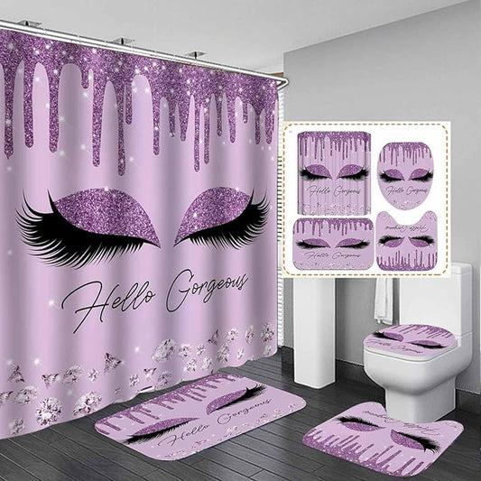 4PCS Purple Glitter Hello Gorgeous Shower Curtain Set, Glam Bling Diamond Rhinestones Gem Makeup Unicorn Eyelash Bathroom Decor, Waterproof Fabric Shower Curtain, Non-Slip Bath Mat Toilet Rug