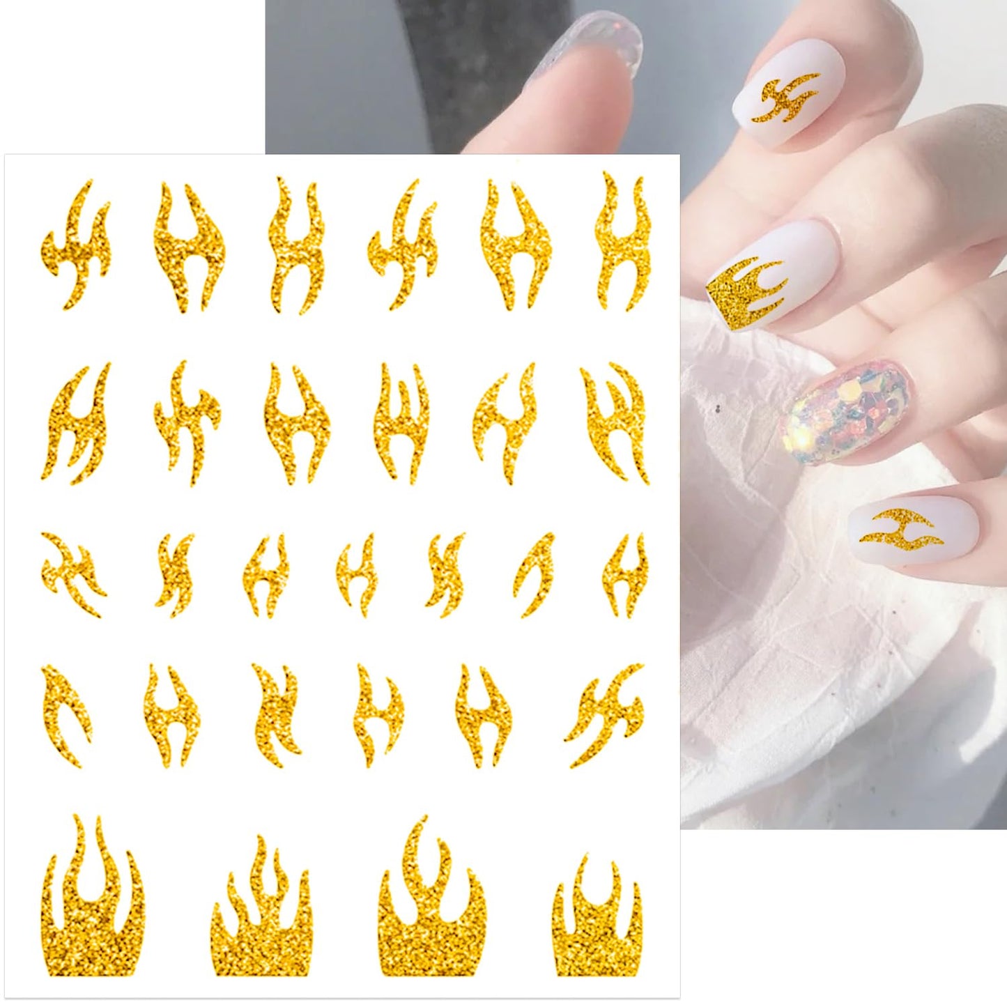 SILPECWEE 8 Sheets Gold Glitter Nail Art Stickers Decals for Women Kids French Nail Stickers French Tip Stripe Flame Flower Butterfly for Nails Design 3D Self-Adhesive Manicure Decoration