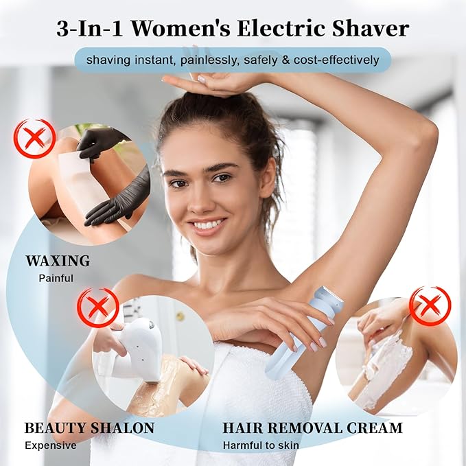 Electric Shaver Razors for Women 2-IN-1 Electric Razor for Womens Legs Underarm Face Pubic Hairs,Wet Dry Use Rechargeable Bikini Trimmer Hair Removal with Detachable Head,Painless IPX7 Waterproof Blue