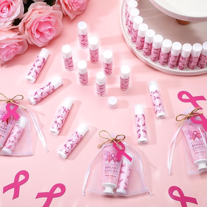 50 Set Breast Cancer Awareness Gifts Bulk Woman Pink Ribbon Lip Balm Hand Cream Include 50 Lip Balm 50 Hand Cream 50 Bag 50 Tag Breast Cancer Awareness Month Items Survivors Offices