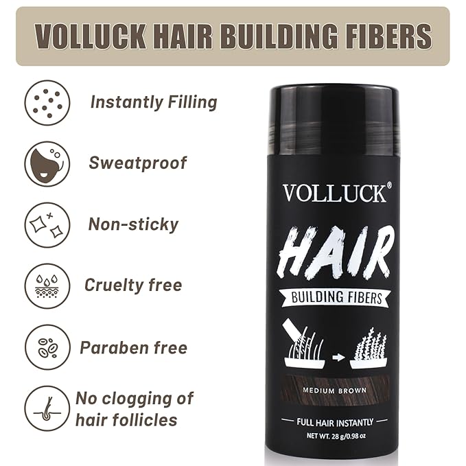 VOLLUCK Hair Fibers for Thinning Hair, Instant Coverage Hair Building Fibers for Women and men, Natural Hair Powder for Conceal Hair Loss 28 g (Medium Brown)