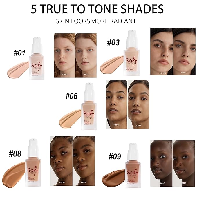 Soft Focus Deep Liquid Concealer Foundation, Lightweight Hydrating High Coverage, 24h Longwearing, No Touch-ups, Even Tone & Blurs, Waterproof Matte Finish Liquid Concealer for Women, 09