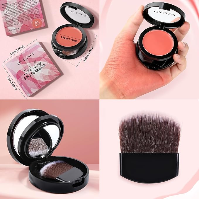 DE'LANCI Blush Single for Cheeks+Lip, Buildable Color Silky Smooth Peach Blush, Best Peachy Half Matte Blusher for Fair Medium Skin, Easy to Use Travel Size, Breathable Blendable Cream Blush (SHY 05#)