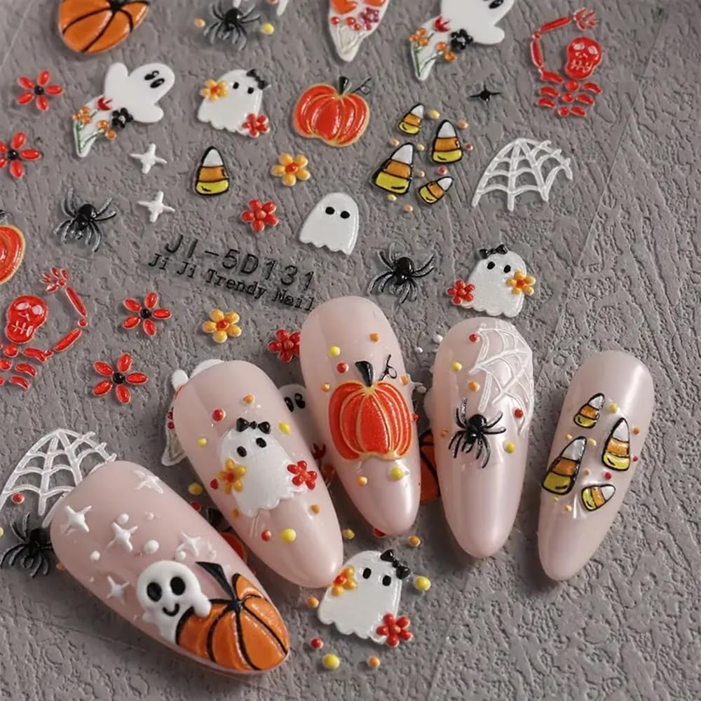 Halloween Nail Stickers Ghost Pumpkin Nail Art Stickers - 5D Embossed Nail Decals, 2 PCS Cute Cartoon Flower Spider Web Candy Designs, Adhesive Sliders for DIY Decorations
