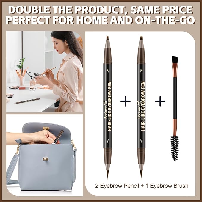 Boobeen 2pcs Waterproof Eyebrow Pen，Dual-Ended Eyeliner Microblading Eyebrow Pencil for Women，Long Lasting Hair-Like Brow Pen with Brow Brush，Dark Brown