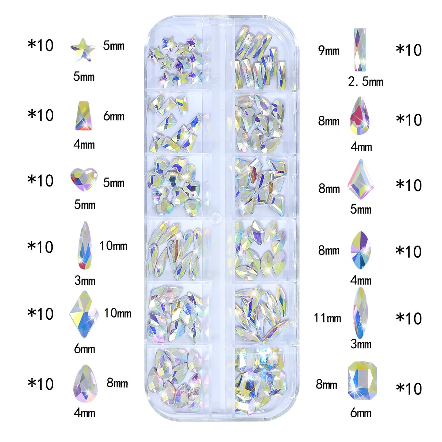 HNUIX Nail Rhinestones - 3D Multi Shape Size, AB Crystal Nail Gems and Charms, Flat Back, with Kit, for Nail Art, DIY Decorations