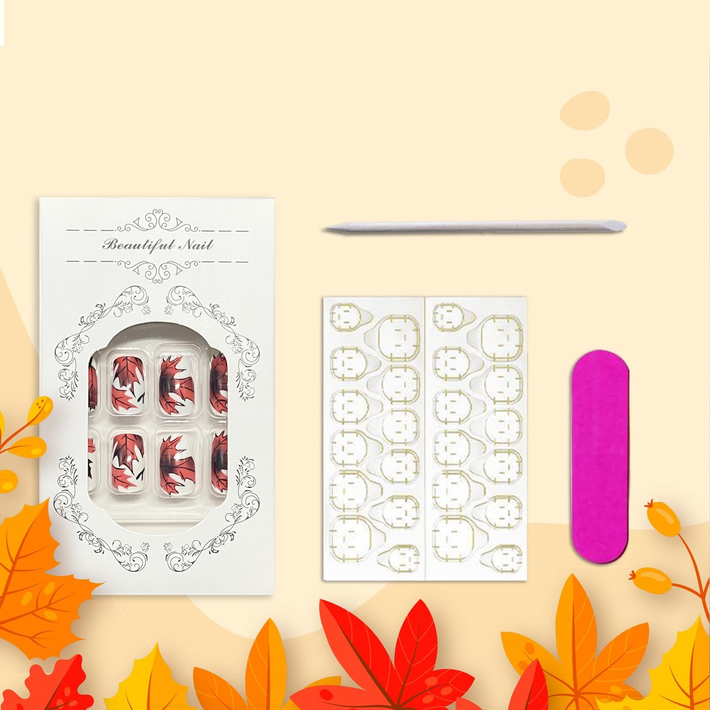 Fall Maple Leaf Press on Nails Medium Square Thanksgiving Fake Nails for Women Autumn Maple Leaves Acrylic Glue on Nail Glossy Reusable Artificial Stick on Nail