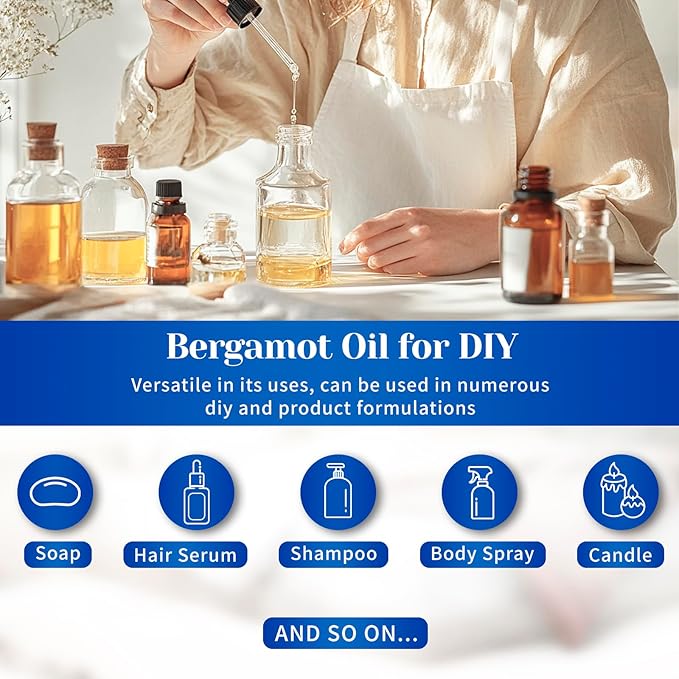 HIQILI Bergamot Essential Oil for Diffuser, Skin, Hair, DIY, 100% Pure & Natural, Travel Size - 0.33 Fl Oz (10 mL)