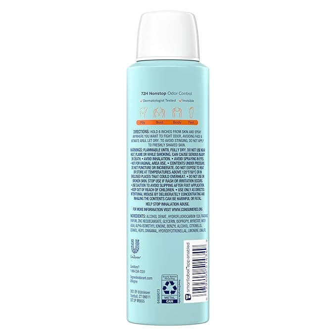 Degree Women Whole Body Deodorant Spray, Fresh Citrus Scent, Aluminum Free 72H Odor Protection 4 oz