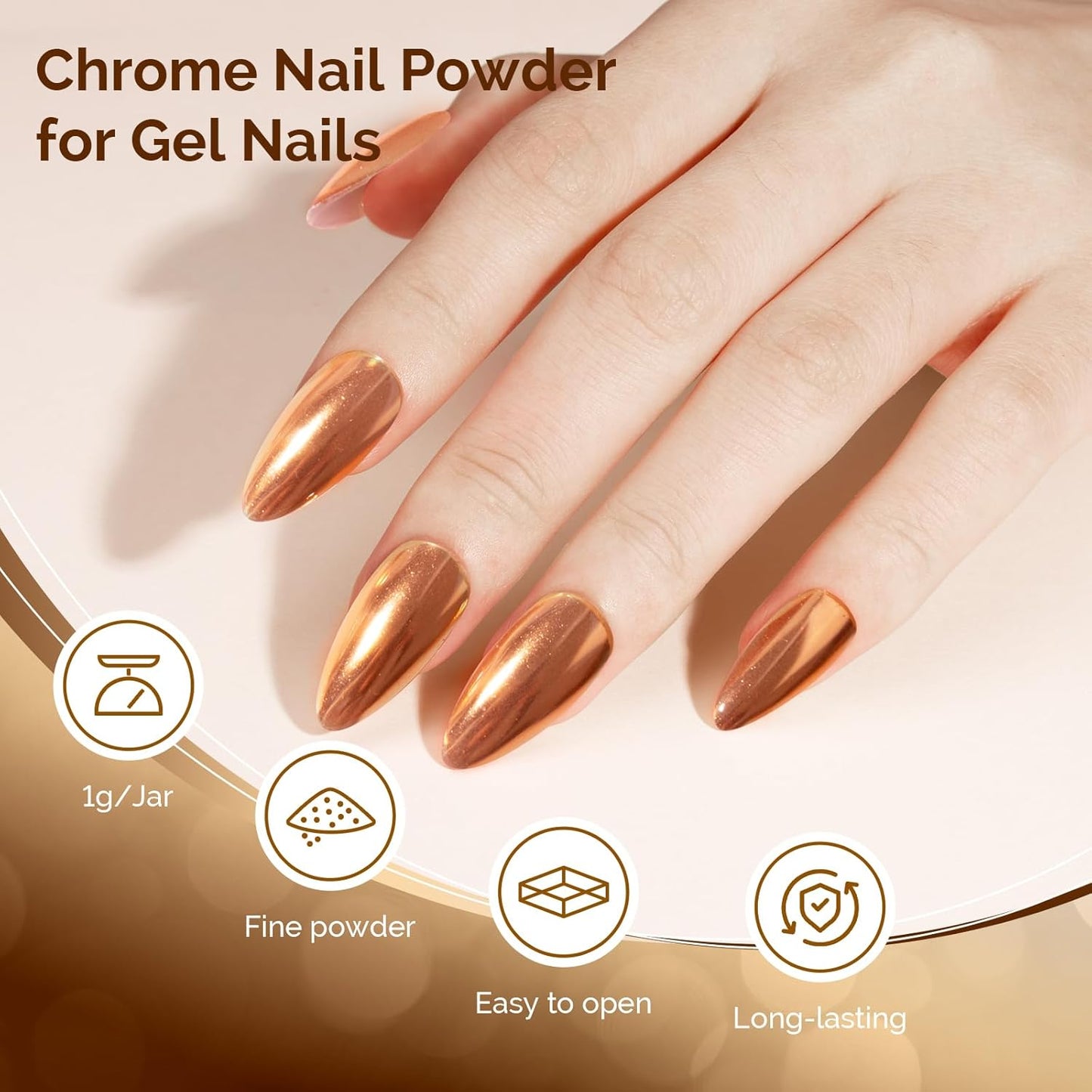 MelodySusie Champagne Chrome Nail Powder for Gel Nails,Metallic Mirror Effect Pigment Stylish and Technological Fine Glitter for Home DIY Salon Use