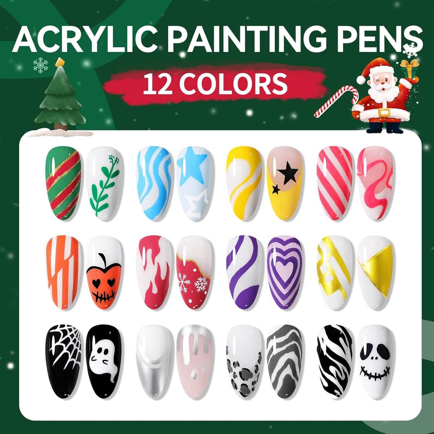 Born Pretty 12 Colors Nail Art Pens Set, Halloween Black White Orange Purple Colors 3D Acrylic Nail Polish Pens Quick Dry Nail Markers for Halloween Drawing Painting Dotting Pen DIY Manicure Tools