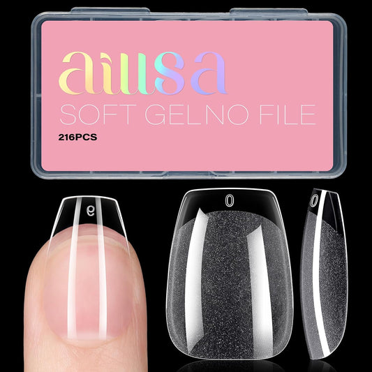 AILLSA Short Coffin Nail Tips Clear Gelly Nails Tip Half Matte Full Cover Tips Acrylic Pre-Filed Press on Fake Nail Tips for Nail Extension Home DIY Manicure 216PCS 12Sizes