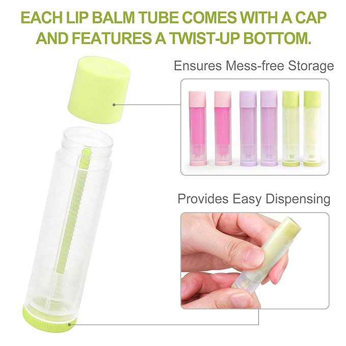 LotFancy Lip Balm Tubes Empty, 60PCS 5.5ml (3/16 Oz), Clear Lip Balm Container Tubes with Green Caps, BPA Free & Leak Free, Refillable
