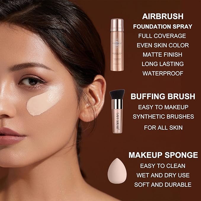 AirBrush Foundation Spray Set, Spray Foundation Makeup and Hydrating Face Primer Kit, Longwear Waterproof Liquid Matte Foundation Mist for Flawless Look, Brush and Sponge Include (#5 Warm Honey)
