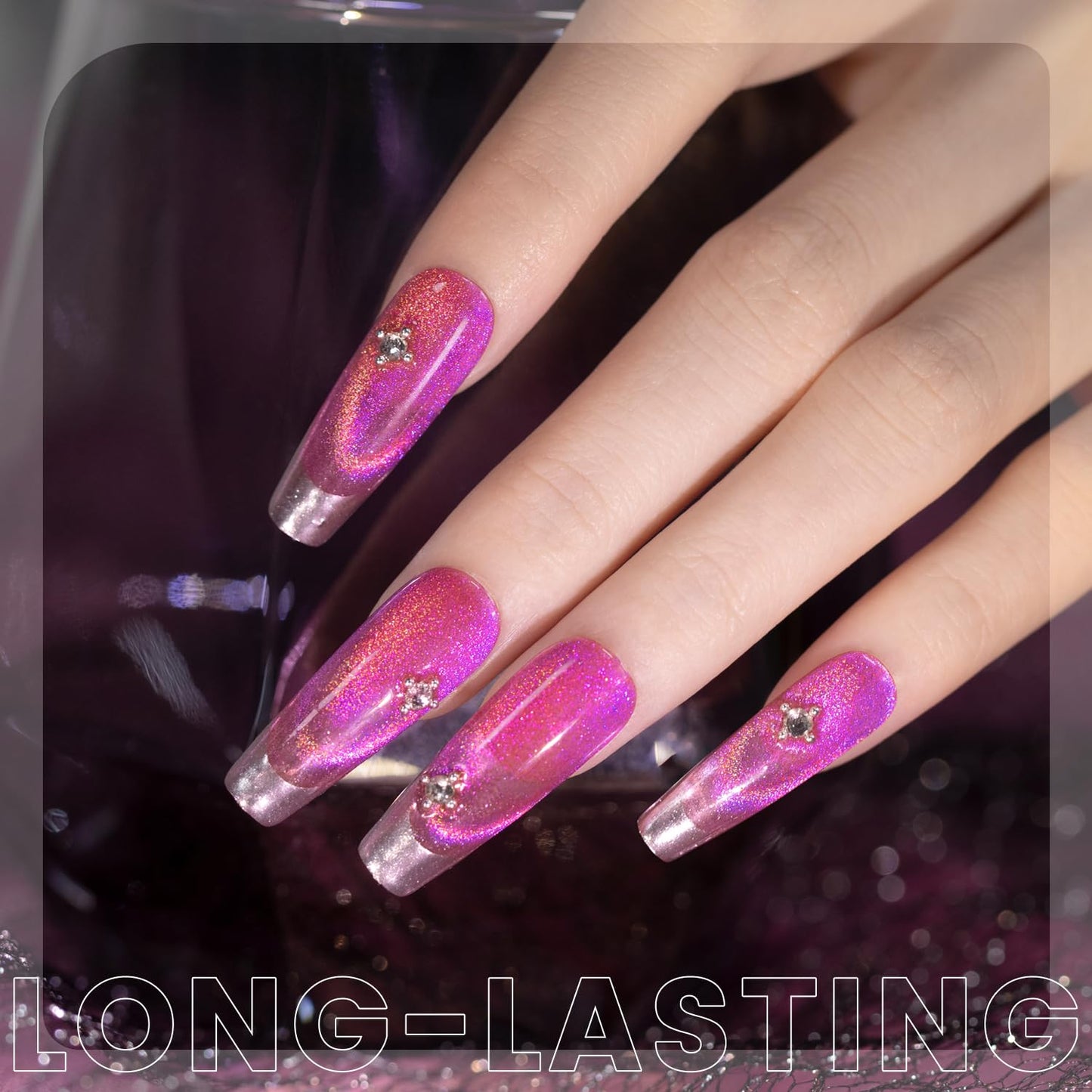 RARJSM Rose Pink Aurora Cat Eye Gel Nail Polish Multichrome Color Glitter Fuchsia Candy Glass Diamond Cat Eye Gel Polish with Magnet Stick Soak off UV LED Curing Requires Home Salon Diy Nail Art