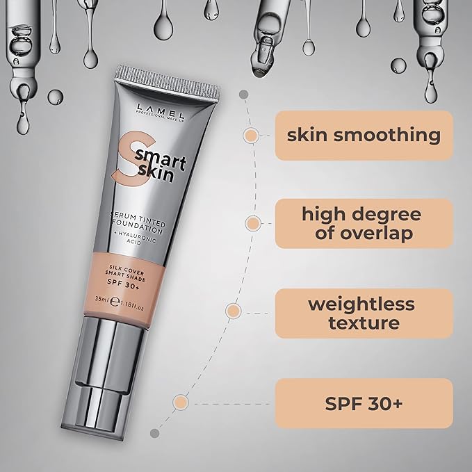 LAMEL Smartskin Serum Tinted Foundation - Hydrating & Nourishing - Hypoallergenic & Skin-Caring - Color Correcting - Anti-Aging Formula with Hyaluronic Acid - 402, 1,18 fl.oz
