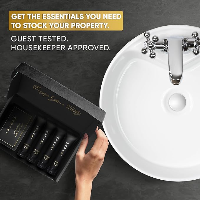 Infuse Black Amenity Kit | Boxed Hotel Toiletries | Bulk Set 1 oz Travel Size Shampoo, Conditioner, Lotion, Body Wash & Cleansing Bar for Guest Hospitality AirBnB/Vacation Rentals | 75 Pieces