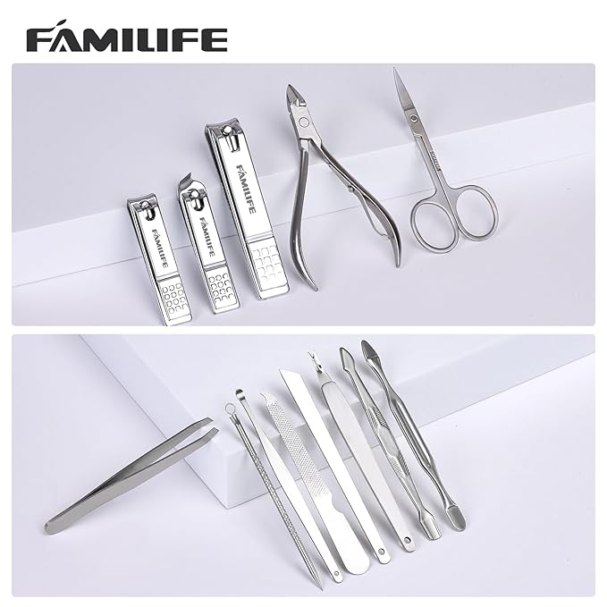 FAMILIFE Manicure Set, Nail Professional Kit Manicure Kits Nail Clipper Sets, 13PCS Stainless Steel Pedicure Sets Mens Grooming Tool, with Brown Leather Travel Case for Men