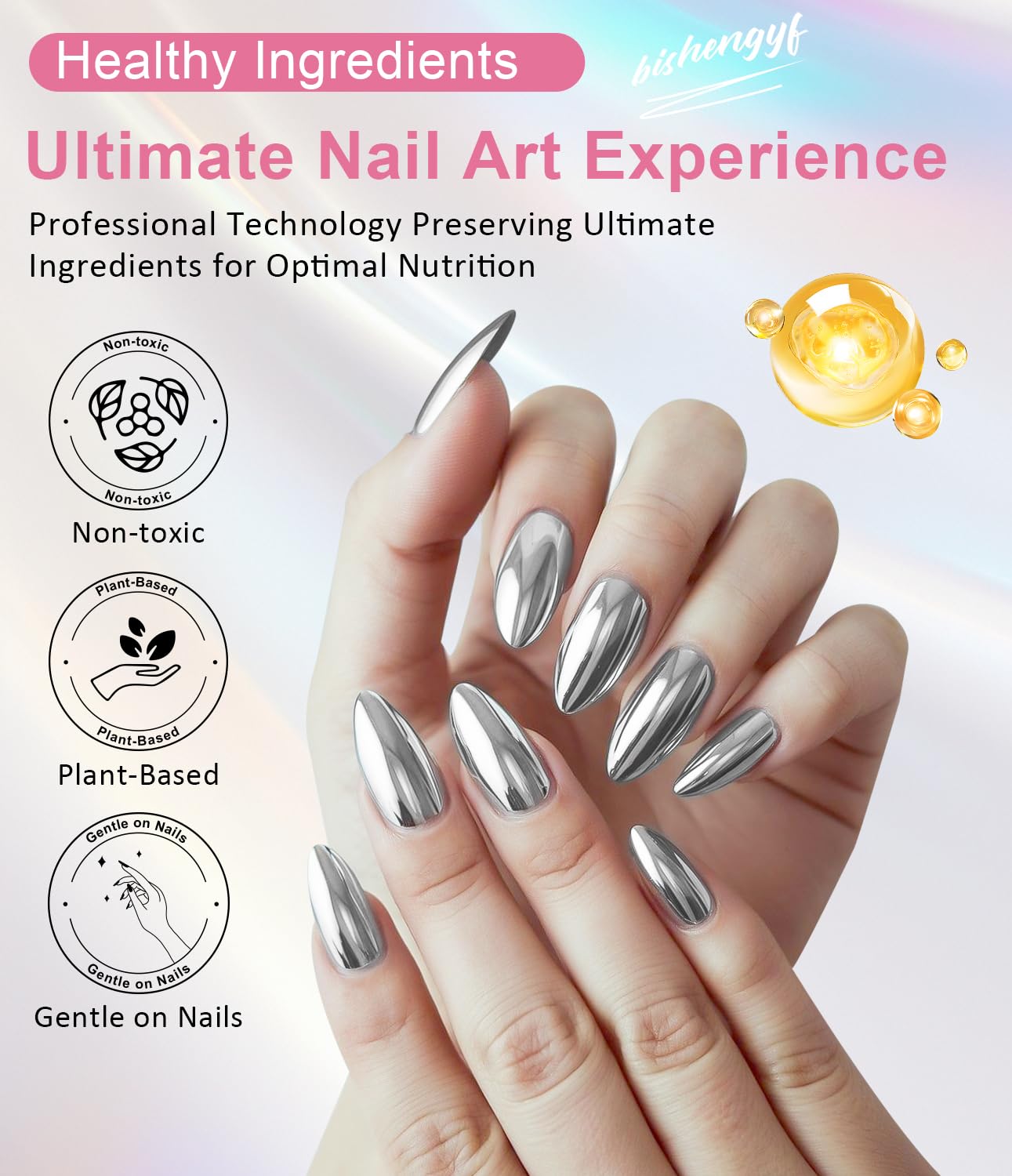 Gold Chrome Nail Powder 24K Mirror Effect BISHENGYF - Pink Gold Nail Chrome Powder Aurora Mermaid Mirror Effect Powder, White Pearl Iridescent Holographic Metallic Pigment Dust for Nail Art Decoration