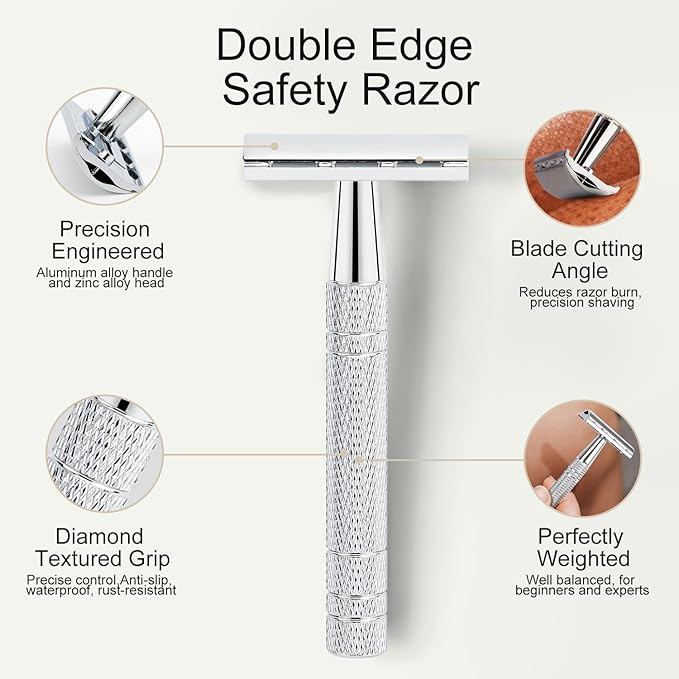 Double Edge Safety Razor with Stand, Single Blade Razors for Men and Women, Metal 1 Blade Razor, with 10 Platinum Coated Stainless Steel Double Edge Blades, Smooth and Close Shave, Silver