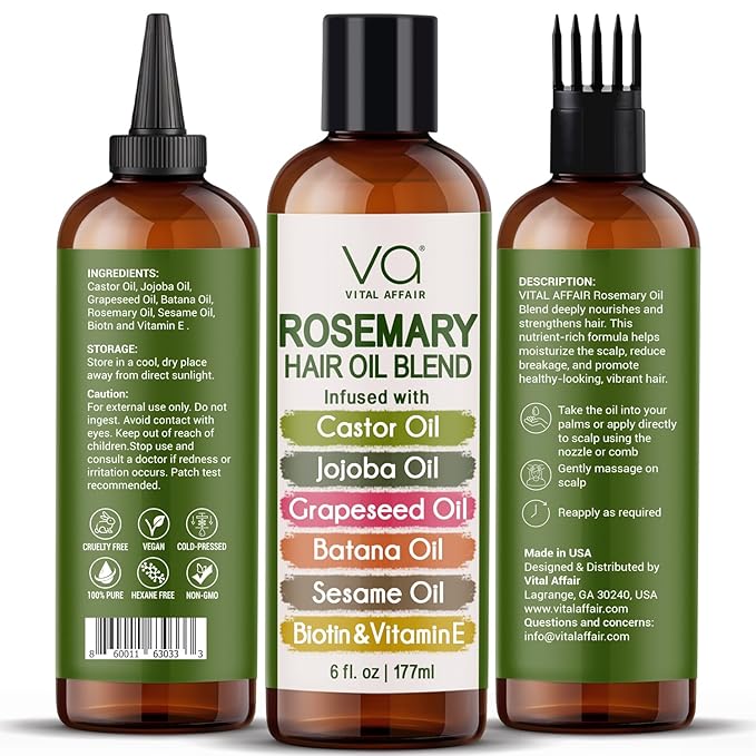 Blend Of Pure Rosemary Oil For Hair Growth With Castor, Batana, Jojoba Oil-Infused With Biotin & Vitamin E-Blend of Effective Hair Oils for Hair Growth-Strengthening Treatment 6 Fl Oz