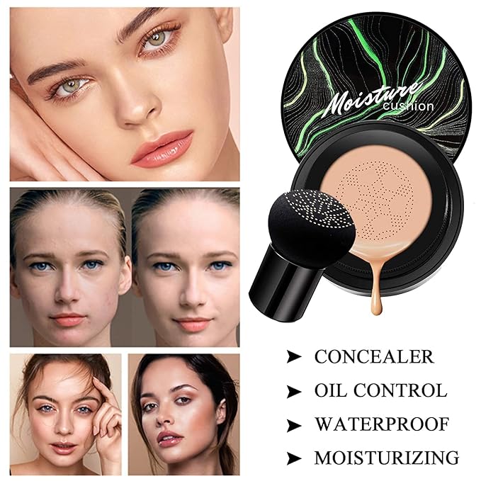 Mushroom Head Air Cushion CC Cream Nature Foundation,Moisturizing BB Cream Makeup Long Lasting Matte Concealer,Bright Makeup Base Long Lasting with Mushroom Makeup Sponge(#03 Warm Nude)