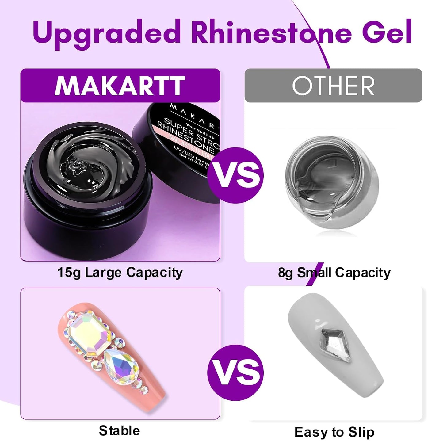 Makartt Rhinestone Glue for Nails, 15ml Clear Nail Gem Adhesive with Brush Kit for 3D DIY Decorations, Super Strong Bling Gel for Jewelry Diamonds