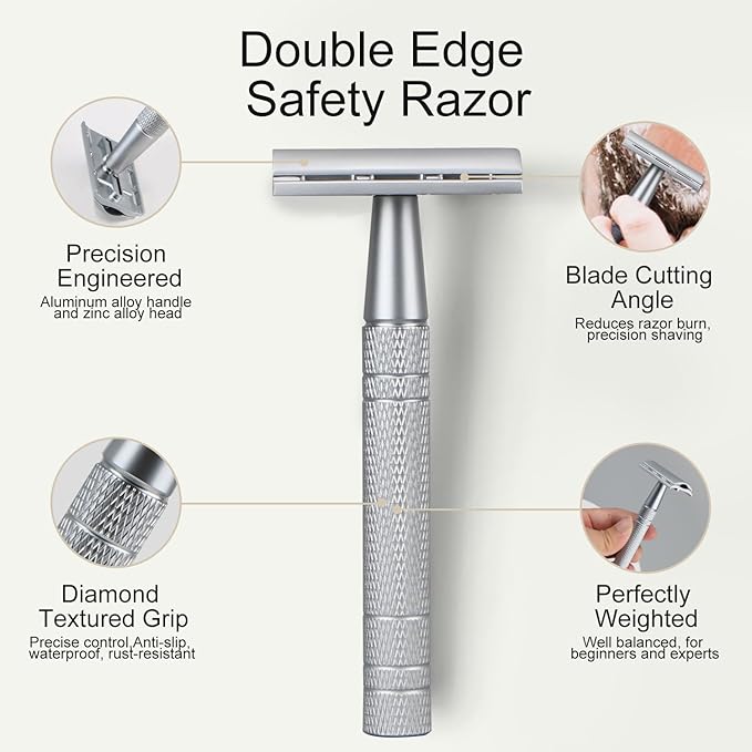 Double Edge Safety Razor, Single Blade Razors for Men and Women, with 10 Double Edge Blades, Reusable Metal 1 Blade Razor, Eco-Friendly, Zero Waste, Smooth and Close Shave, Matte Silver