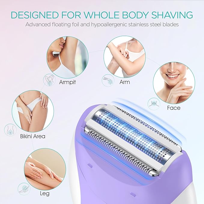 Epilator for Women-Cordless Epilators Hair Removal for Women, 4-in-1 Electric Razor Hair Remover, 2 Speeds & 21 Tweezers for Face Legs Arms Armpit Bikini, Purple HR310